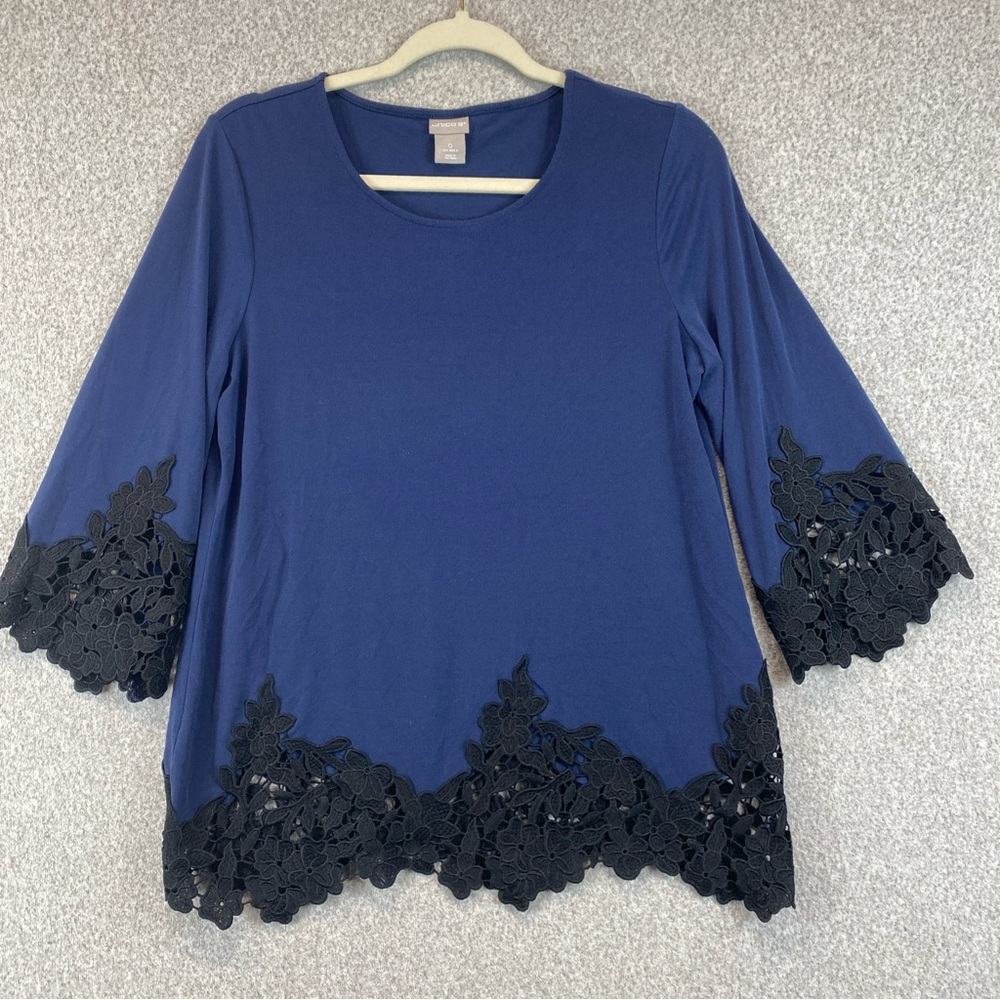 Chicos Bell Sleeve Lace Trim Blouse Women’s Size 0 (S) Blue Black casual